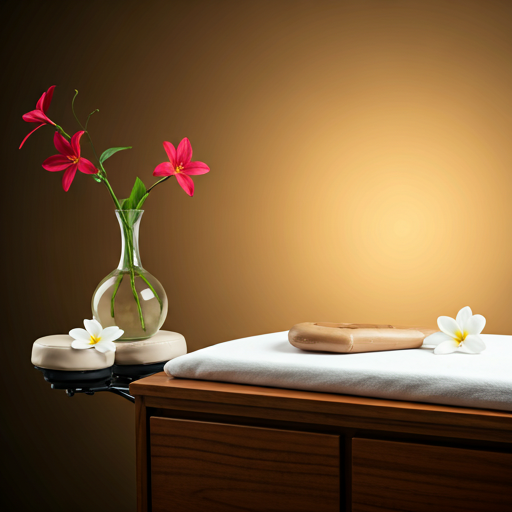 Smooth basalt stones and massage oil arranged on a treatment table in warm ambient light.